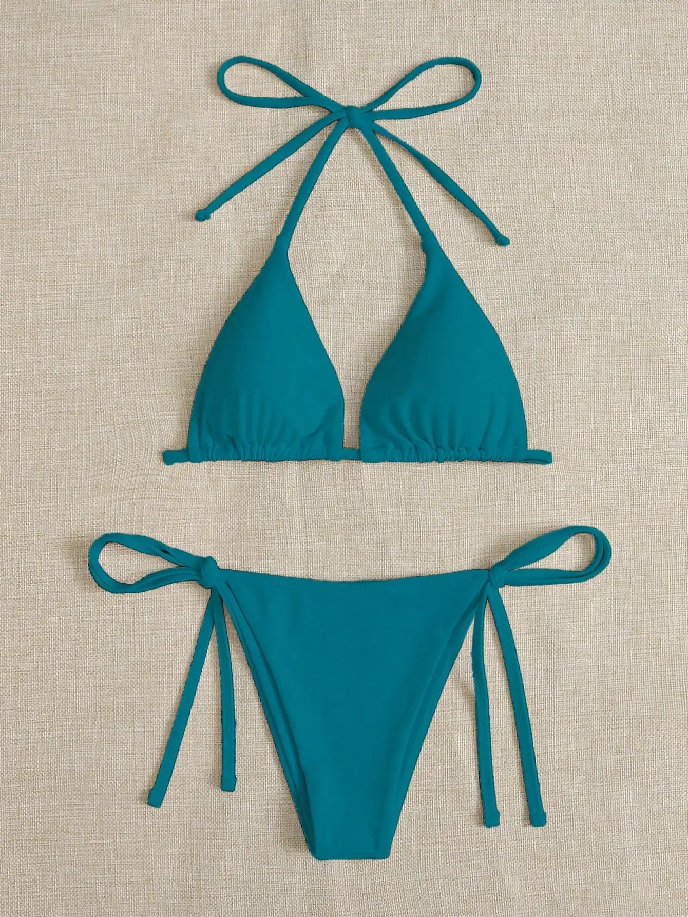 Solid color three-point bikini strap-on women's swimsuit set