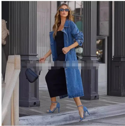 Denim Windbreaker for Women 2025 Washed Long Jackets Pockets Lace Up Lapel Double Breasted Trench Coat Casual Female Outerwear