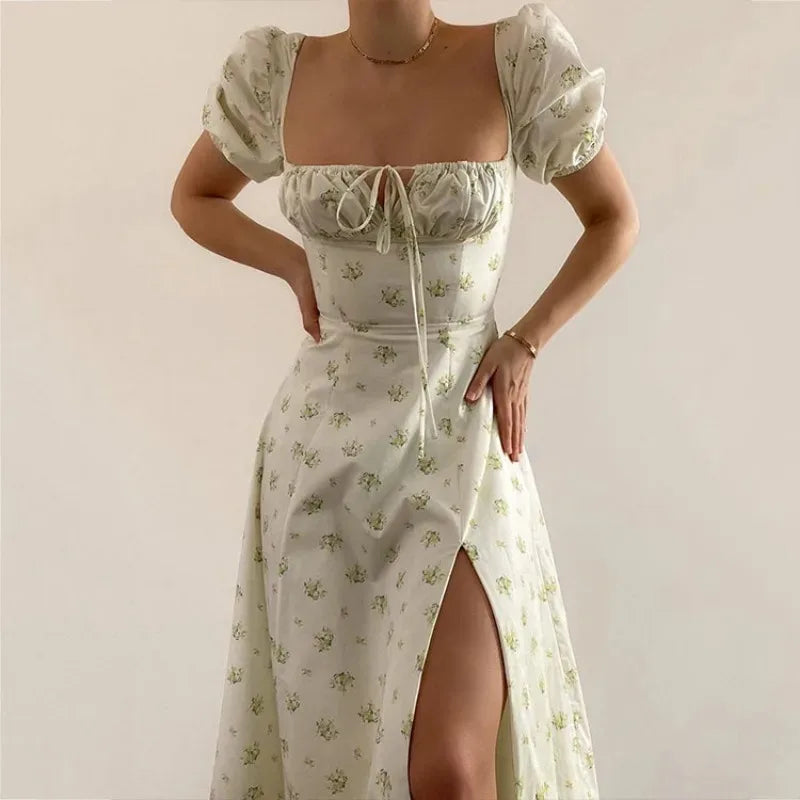 Skinny floral prints Dresses for Summer Women's Dress Square Neck Short Bubble Sleeves High Waist Lace-up Maxi Split Dress
