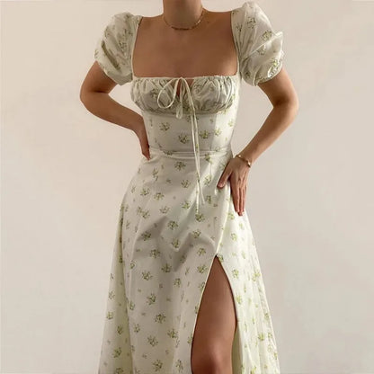 Skinny floral prints Dresses for Summer Women's Dress Square Neck Short Bubble Sleeves High Waist Lace-up Maxi Split Dress