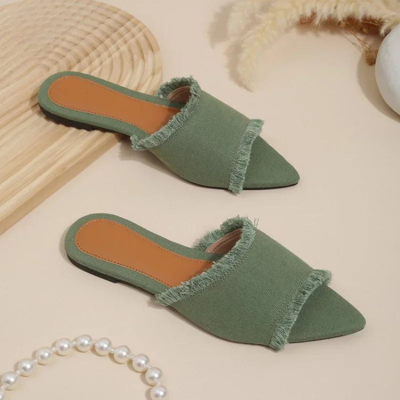 Women Flats Cowboy Slippers Fashion Beach Dress Shoes  Summer Femme Pointed Toe Flip Flops New Casual Slides Zapatos Mujer