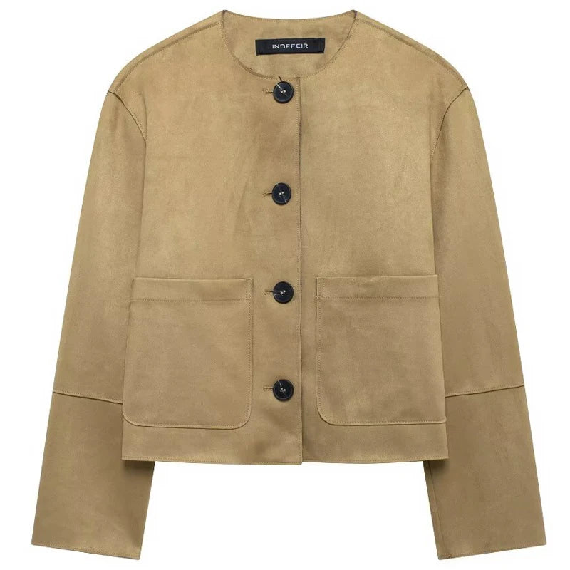 HXAO Suede Jacket Women Spring Outerwears 2025 New In Coats & Jackets Crop O-Neck Button Long Sleeve Coats Chic Elegant Jackets