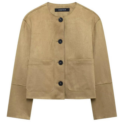 HXAO Suede Jacket Women Spring Outerwears 2025 New In Coats & Jackets Crop O-Neck Button Long Sleeve Coats Chic Elegant Jackets