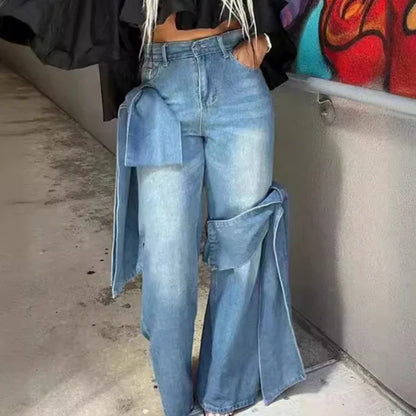 Jeans Women Denim Wide Leg Pants Floor Length Pant Bow High Waist Loose Casual Elegant Straight Trousers Y2k Mom Streetwear