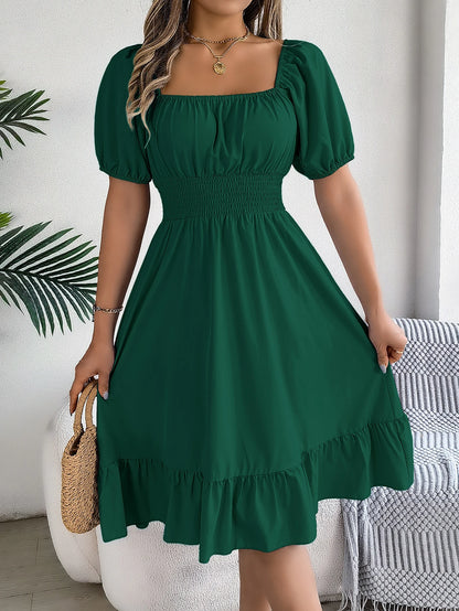 2024 New Fashion Solid Puff Sleeve Square Neck Ruched Bust Ruffle Hem Wasit Dress, Women's Clothing