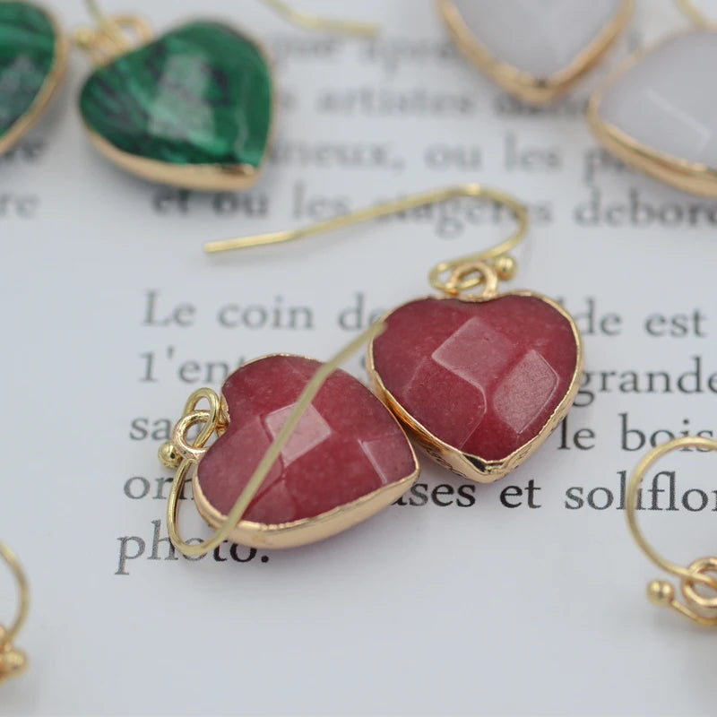 Peach Heart Earrings Natural Stone Earrings Women's Heart Gold Plated Edging Jade Earrings Gifts