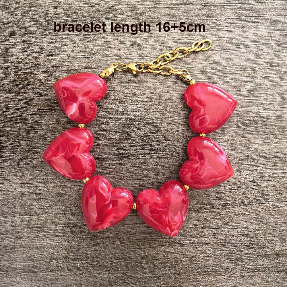 Big Love Heart Necklace Women Choker Statement Bracelet Gold Color Acrylic Beads Stainless Steel PVD Waterproof White Beige Red