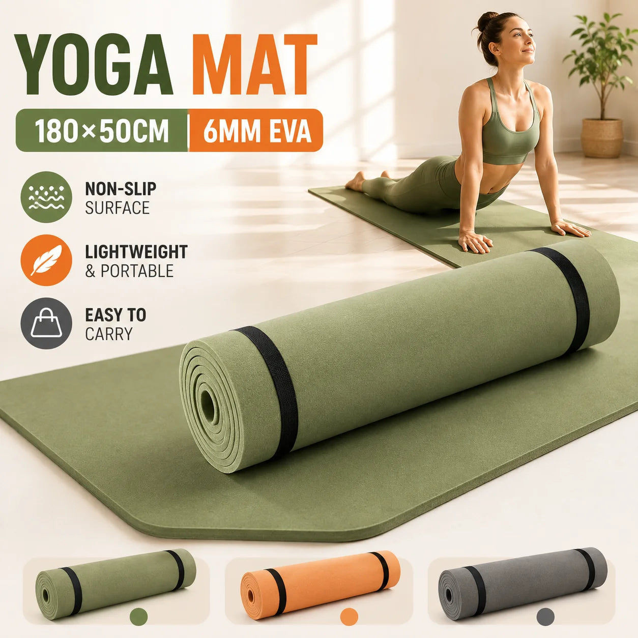 6MM EVA Yoga Mat Non-Slip Exercise Fitness Mat 180×50cm with Carry Strap Pilates Gym Workout Home Training