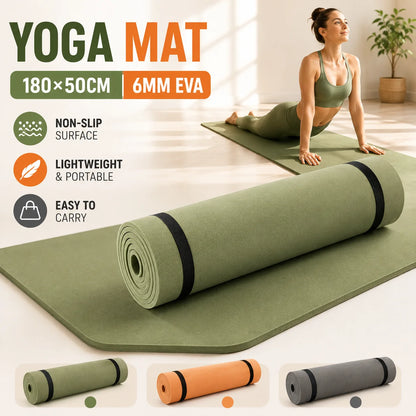 6MM EVA Yoga Mat Non-Slip Exercise Fitness Mat 180×50cm with Carry Strap Pilates Gym Workout Home Training