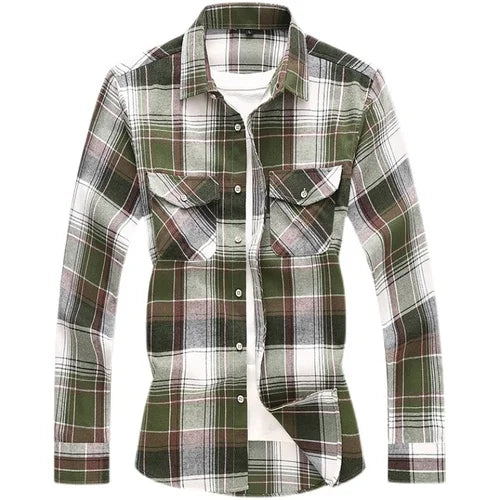 2026 New Men's Long Sleeved Plaid Shirt, with Two Chest Pockets Single Breasted Lapel Cotton Shirts Big Size Male Top Chemise