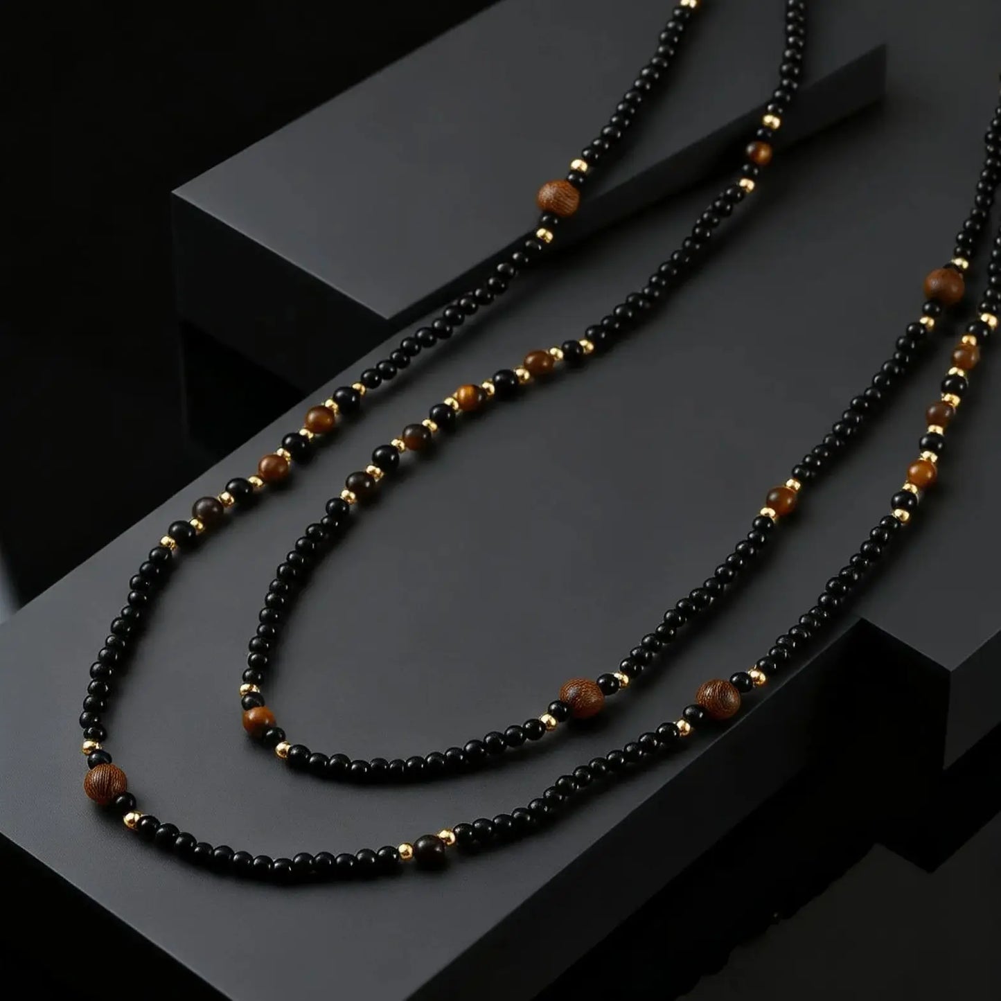 Black Agate Natural Stone Tiger Eye Beads Chain Necklace for Men, Retro Long Sweater Chain Necklace, Fashion Boho Jewelry Gift