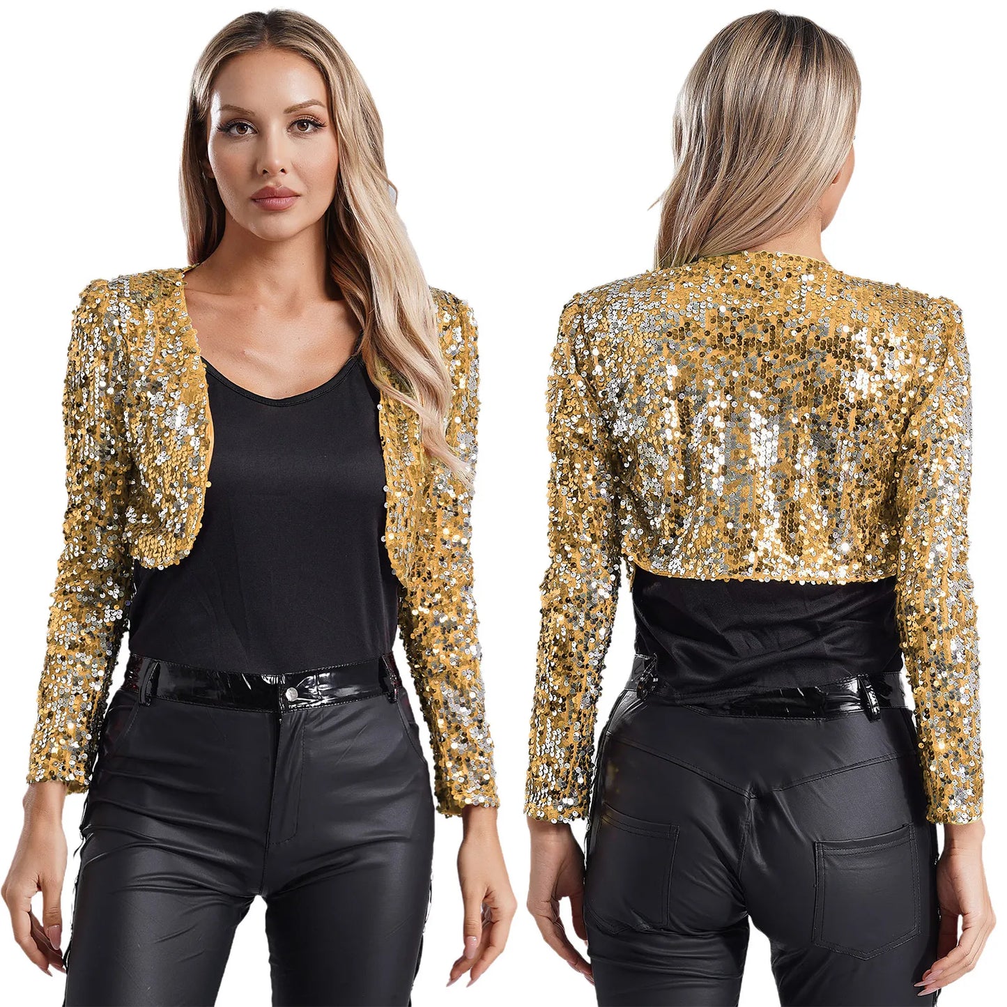 Womens Sequin Crop Jacket Open Front Long Sleeve Fully Lining Cardigan Cropped Blazer Bolero Shrug Cocktail Club Party Outerwear