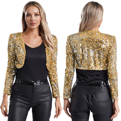 Womens Sequin Crop Jacket Open Front Long Sleeve Fully Lining Cardigan Cropped Blazer Bolero Shrug Cocktail Club Party Outerwear