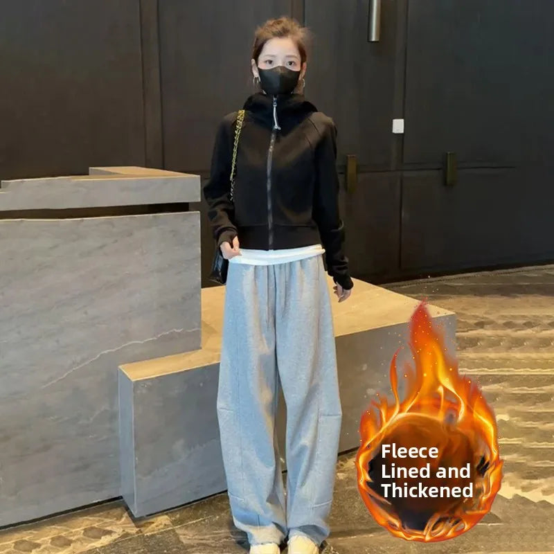 Korean Sle Winter New All-Match Hooded Zipper ort Sweatirt Jaet Thiened Fce Warm Casual Pants Set
