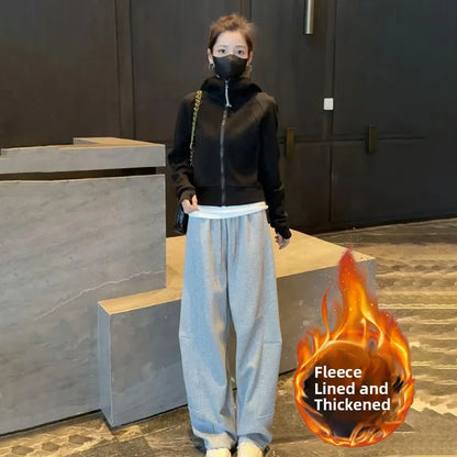 Korean Sle Winter New All-Match Hooded Zipper ort Sweatirt Jaet Thiened Fce Warm Casual Pants Set
