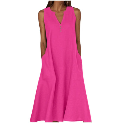 Women's Summer Casual V-neck Button Solid Color Sleeveless Long Dress With Pockets Female Elegant Trendy Casual Loose Dresses