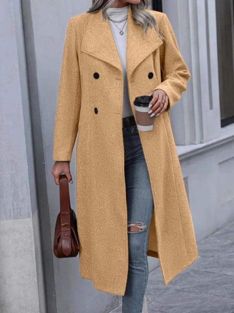 Chic Elegant Women Solid Color Grey Long Sleeve Pockets Double Breasted Fake Woolen Coat Woman Winter Warm Long Outwear