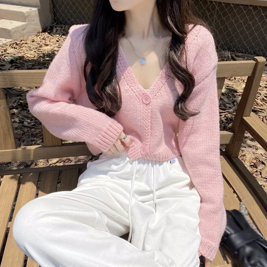 Women Autumn Long Sleeve Sweater Cardigan Sexy V-Neck Button Down Cropped Jacket Sweet Solid Candy Color Loose Knitted Outwear