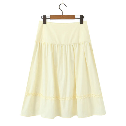 New 2025 Holiday Buttons Low Waist Midi Long Skirt Women Spliced Ruched Wood ears Swing A-lined Skirts Boho Yellow White