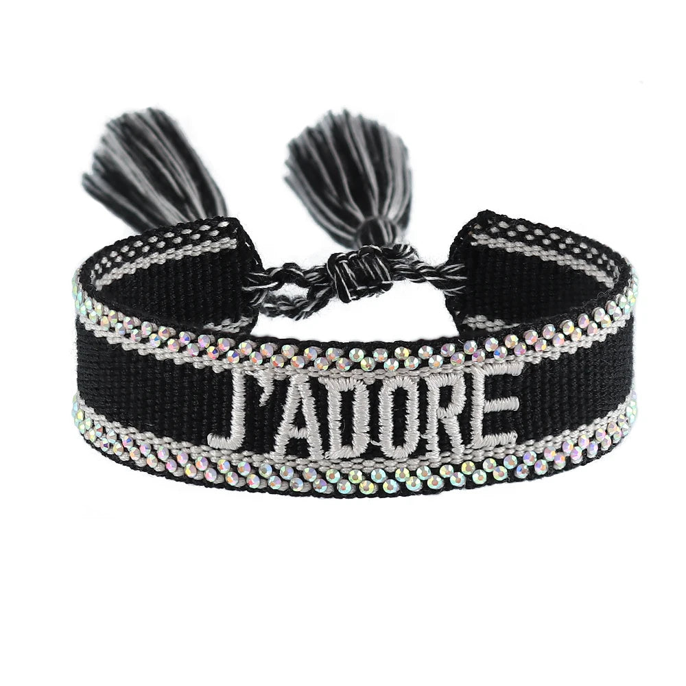 Rhinestone Embroidery Woven Bracelets Adjustable Rope Stackable Bangle For Women