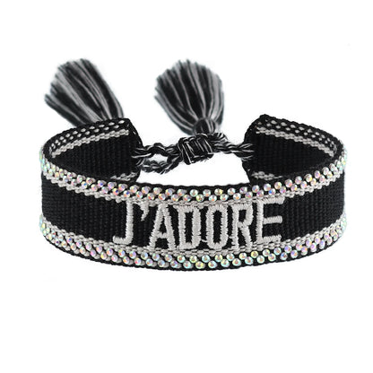Rhinestone Embroidery Woven Bracelets Adjustable Rope Stackable Bangle For Women