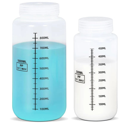 Set of 2 Wide Mouth Plastic Bottles with Lids PP Containers Jars 500ml 1000ml for Water Juice Liquid Storage Bottle