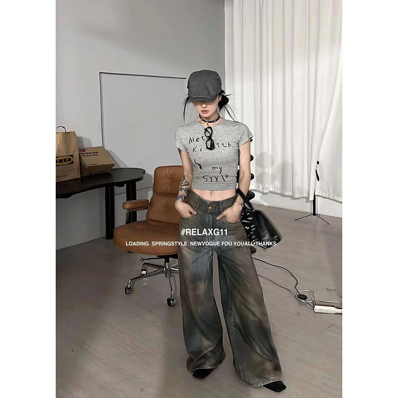 2024 Retro Wide Leg Jeans girl Women Autumn Winter Y2K American Casual High Waist Loose Look Slimming Straight Leg Dragging