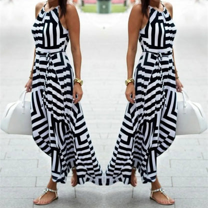 Ladies' Striped Splicing Classic Sexy Boho Maxi Long Evening Party Beach Dress Fashion Commute Sleeveless Halterneck Dress