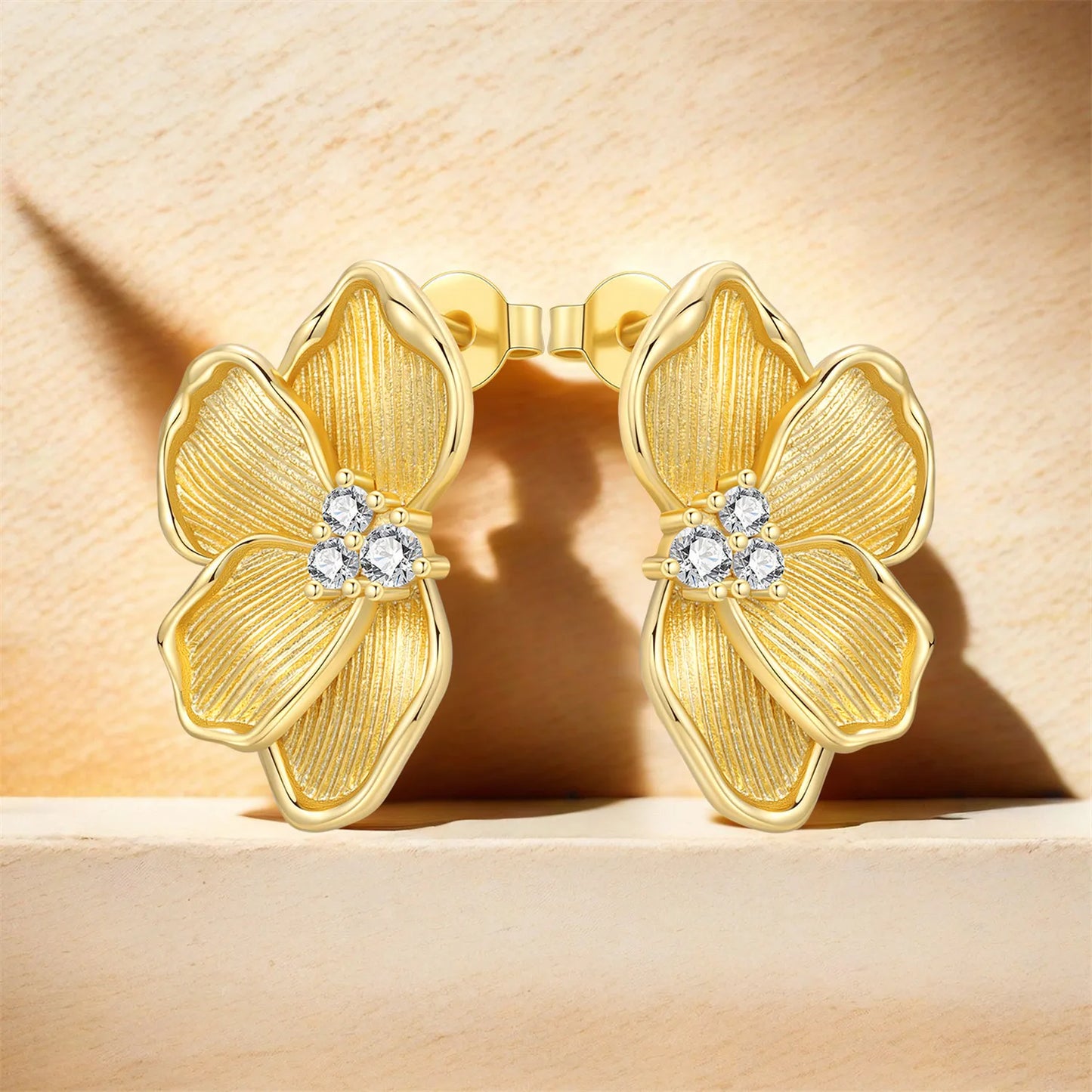Original 925 Sterling Silver Fashion Zircon 18K Golden Petal Stud Earrings for Women Birthday Party Accessories Gifts Jewellery