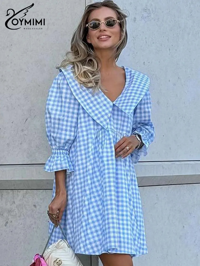 Oymimi Elegant Blue Cotton Dresses 2024 Women Fashion Print Three Quarter Sleeve Looes Dresses Casual New Pleated Mini Dress