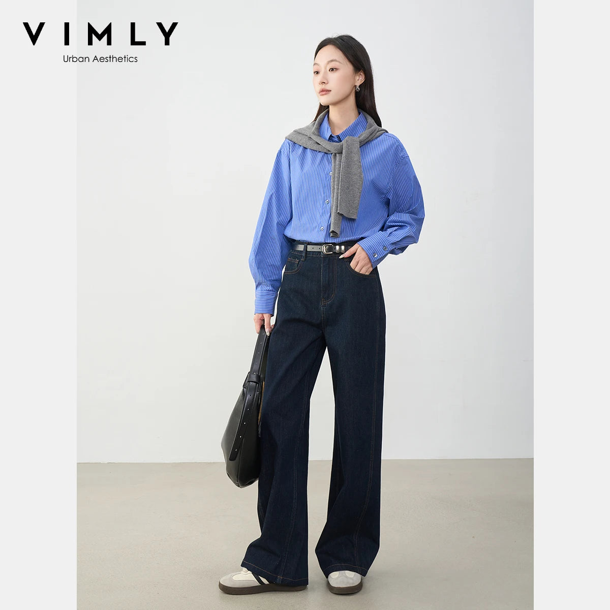 VIMLY Navy Blue Denim Woman Pants Autumn 2025 New Vintage Clothing Pockets Mid-waist Loose Female Trousers Women Clothes 75125