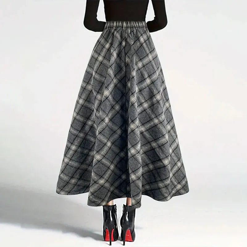 Y.KUKU Winter Warm Plus Size Skirts Women Large Size 3XL Plaid Skirt Thick Elegant Casual Woolen Long Plaid Skirt Female Skirts