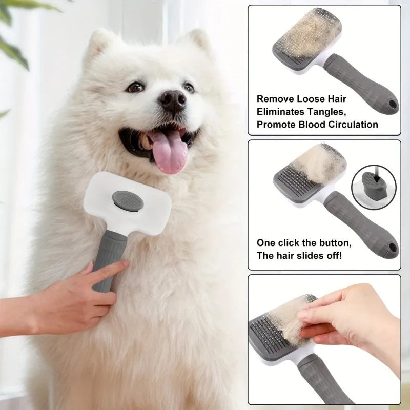 Dual-Use Dog Cat Grooming Brush 20×10×5.5cm, Self-Cleaning Slicker Comb with Round-Tip Bent Needles, Ergonomic Handle for Pet Ha