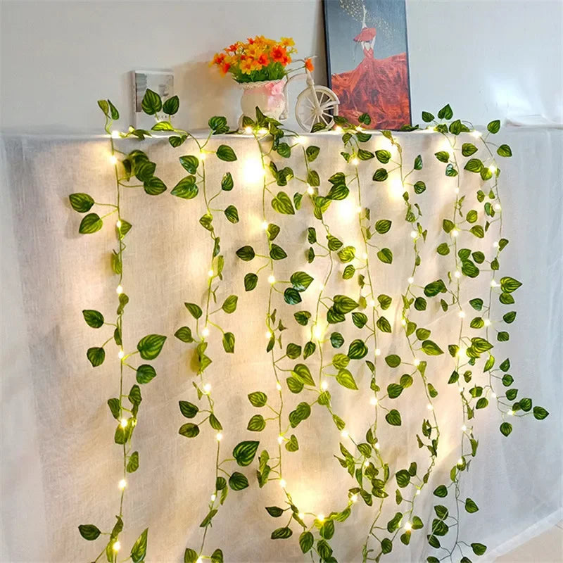 Lichterkette mit grünen Blättern, künstliche Rankenlichter, batteriebetrieben, Weihnachtsbaumgirlande für Hochzeiten und Heimdekoration