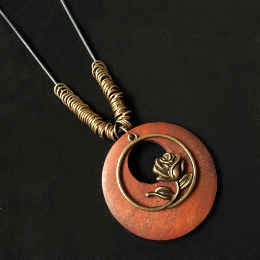 Retro Ethnic Round Wooden Leaf Owl Long Sweater Chain Necklace Women Vintage Clock Pendant Female Jewelry Neck Accessories Gifts