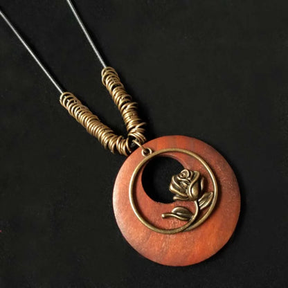 Retro Ethnic Round Wooden Leaf Owl Long Sweater Chain Necklace Women Vintage Clock Pendant Female Jewelry Neck Accessories Gifts