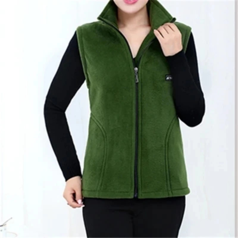 Autumn Winter Women Fashion Stand Up Polar Fleece Vest For Women's Solid Warm Lady Sleeveless Jacket