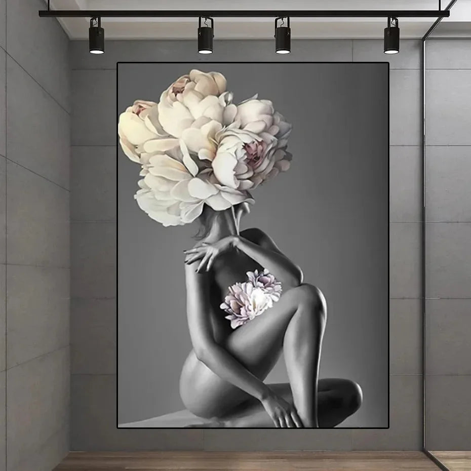 Canvas Painting Wall Art Women and Flowers Abstract Print the Girl with Flowers on Her Head Surrealism Imagine Poster Room Decor