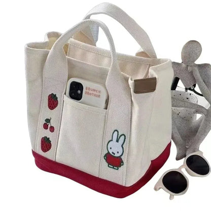 New Anime Kawaii Miffy Embroidery Cute Zipper Bag with Canvas Tote Bag Bento Lunch Box Bag for Friends Christmas Gift