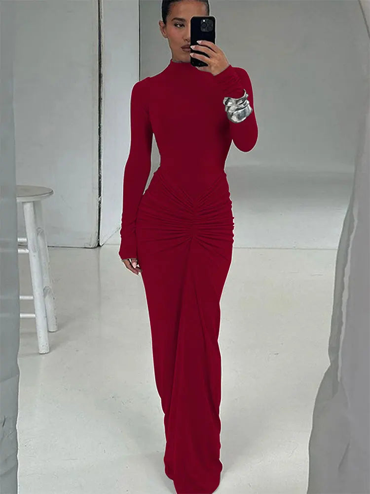Sexy Red Dresses Women Autumn New Streetwear Fashion Folds O-Neck Long Sleeves Casual Slim Maxi Dress Elegant Lady Knitted Dress