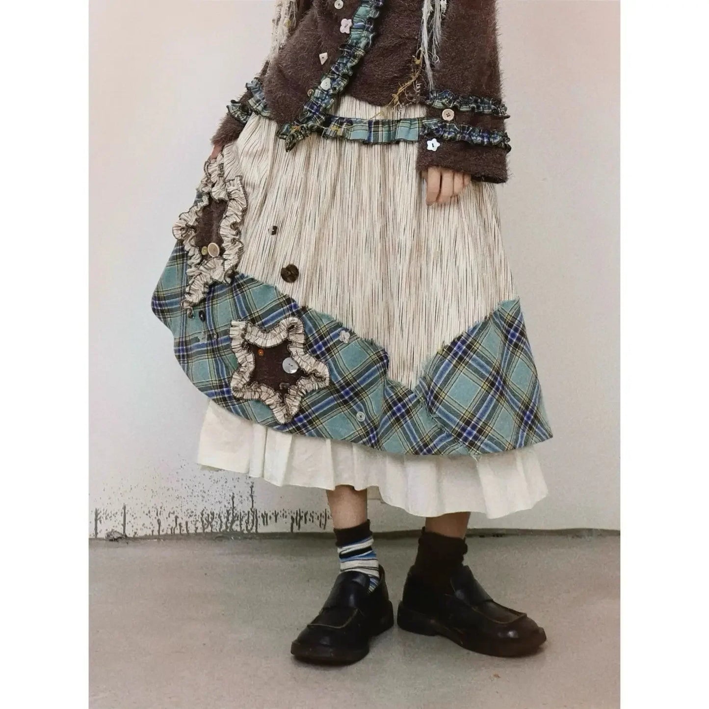 Autumn/Winter Retro Plaid Long Skirt Wandering Style High Waist Slimming Spliced A-line Loose Casual Vintage Skirt for Women