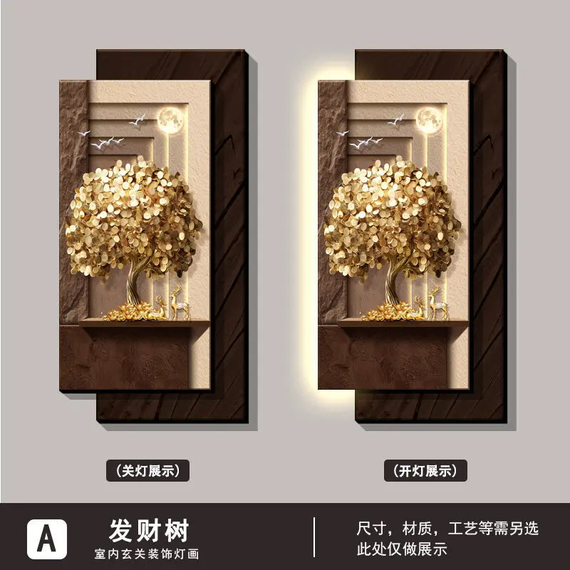 Decorative paintings at the entrance, money-bringing trees, and corridor hanging paintings, accompanied by illuminated murals