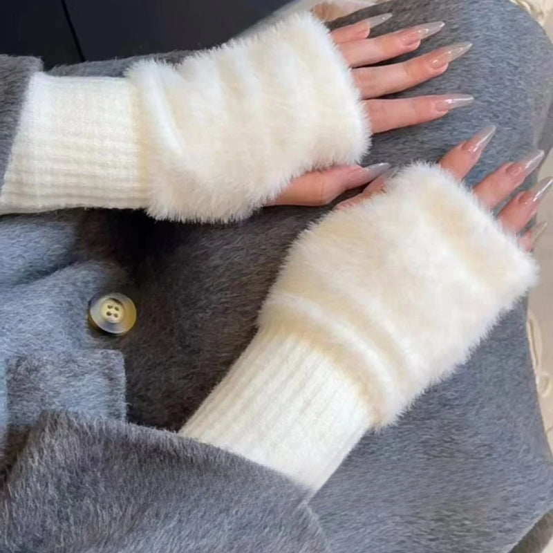1pair Mink Fleece Soft Winter Half Finger Gloves Women Warm Plush Knitted Fingerless Gloves Girls Cute Wrist Mittens Writting