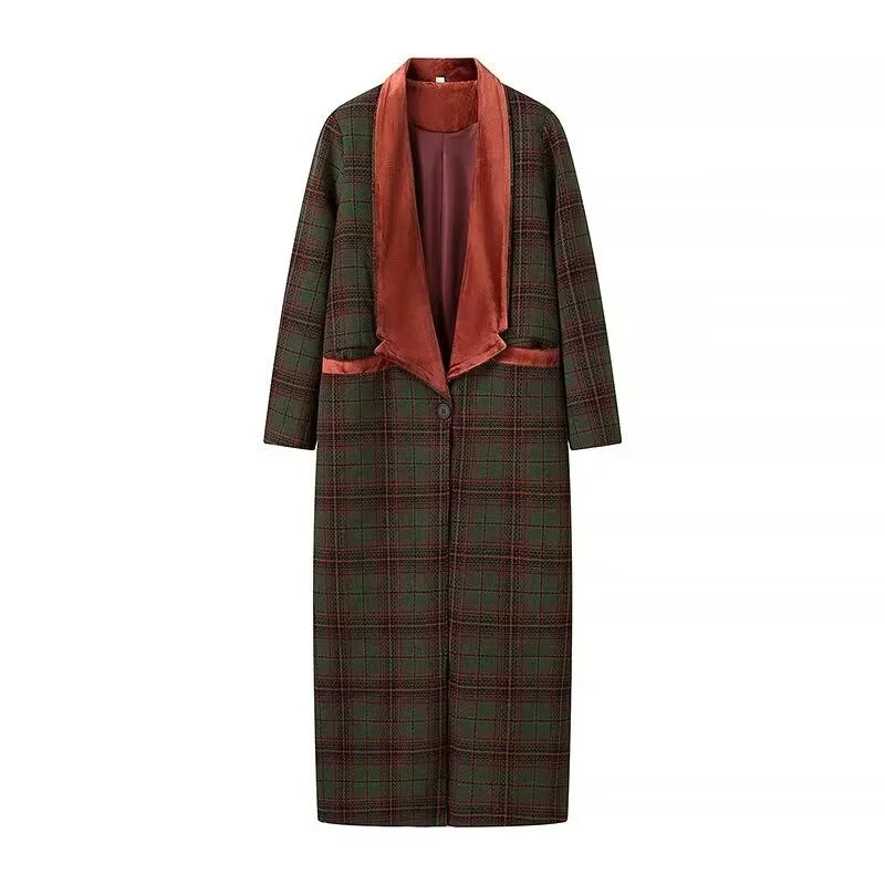 Woolen Plaid Long Coat Women Turn-down Collar Loose Long Sleeve Button Elegant Outwear Female Thicken 2025 Spring Street Jacket