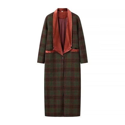 Woolen Plaid Long Coat Women Turn-down Collar Loose Long Sleeve Button Elegant Outwear Female Thicken 2025 Spring Street Jacket