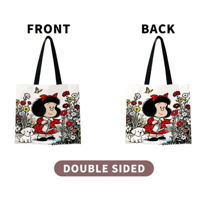 1pc Vintage Cartoon Girl and Puppy Gardening Tote Bag Featuring a cute watering scene, vibrant red accents and butterfly details