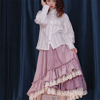 Vintage Japanese Style Girl Lace Spliced Purple Ruffled Women Skirts High Waist A-line Irregular Loose Thicken Sweet Long Skirts