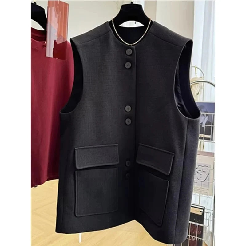 2025 New Korean Suit Vest Jacket Spring Autumn Women's Sleeveless High-end Waist Slim Temperament Waistcoats Female Outwear