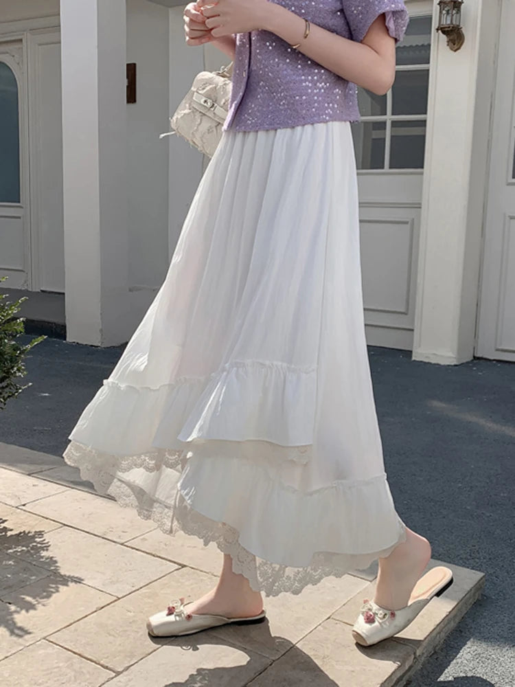 Zoki Korean Pink Long Skirt Women Sweet Vintage High Waist Preppy Style Skirt Casual Loose Lace Patchwork Irregular Long Skirts