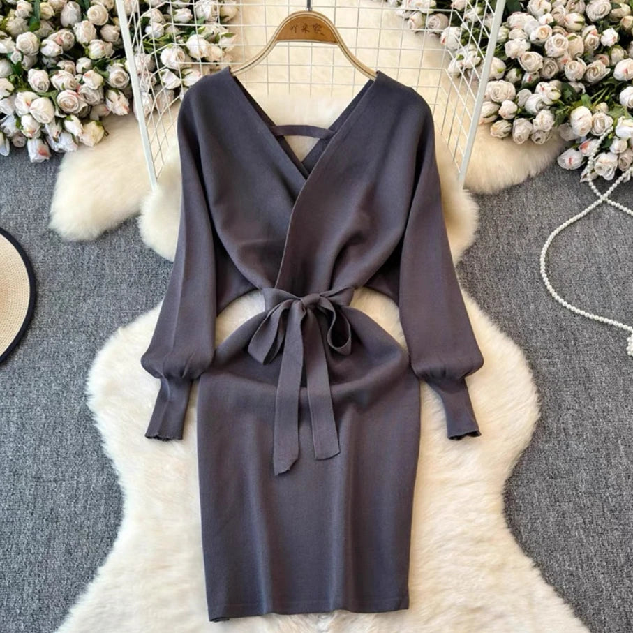 YuooMuoo Women Dress 2025 Autumn Winter Elegant Sash Bandage Bodycon Mini Dress Chic Fashion Y2K Knitted Ladies Dresses Party